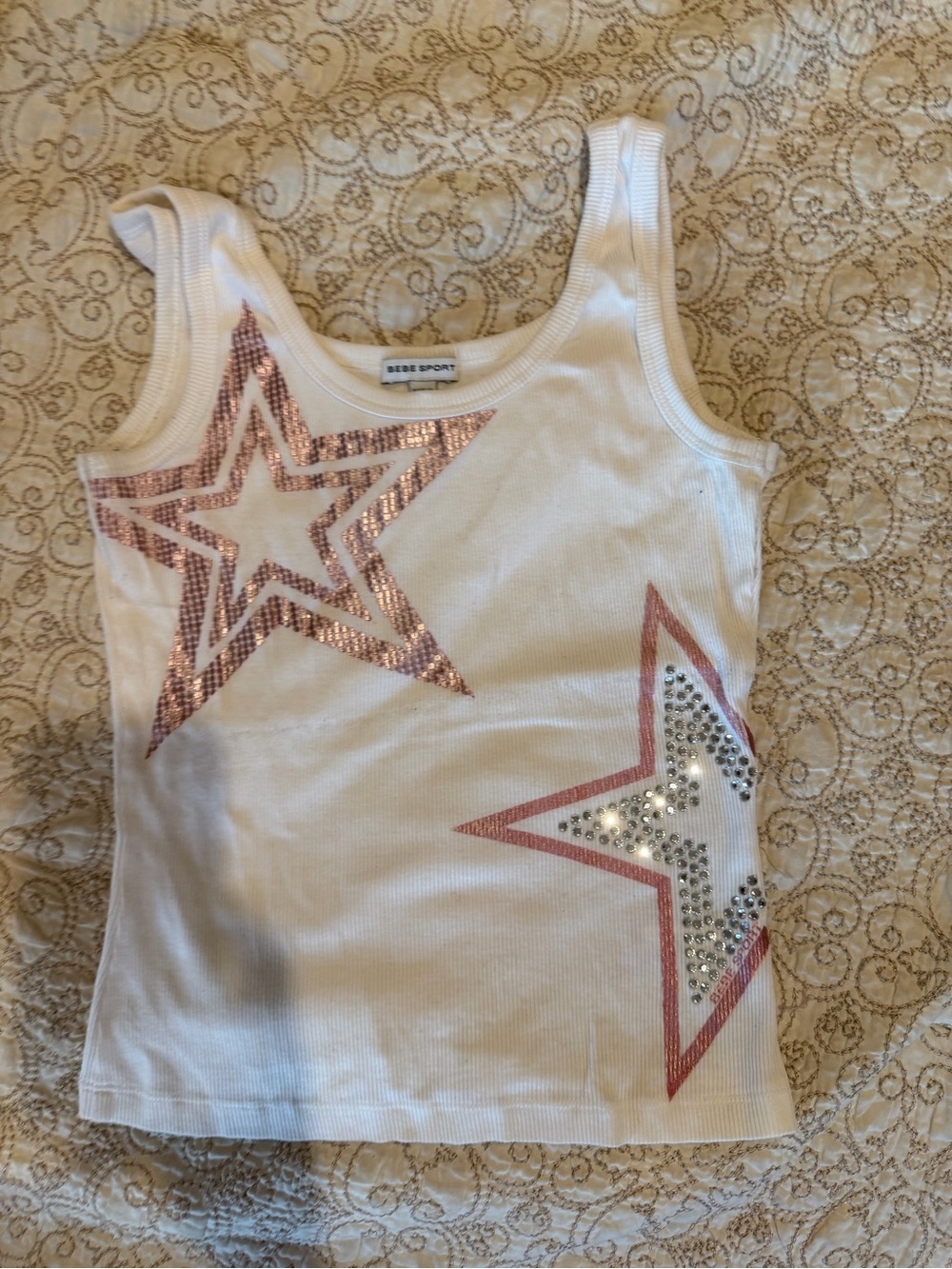 bebe White Tank Top with Pink Sequin Stars size M